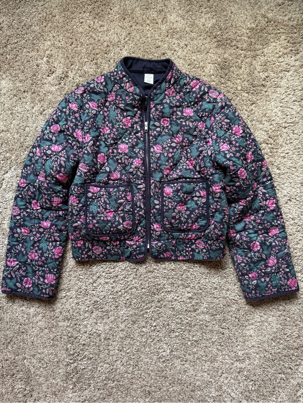 T&B Girls' Quilted Floral Jacket in Navy and Pink